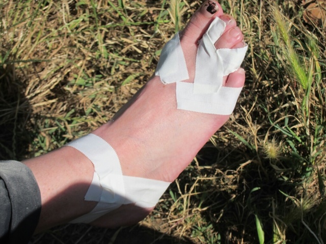 Heather's foot after taping it up for blisters.